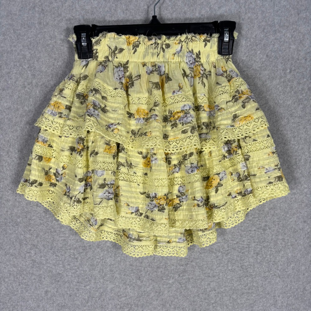 Aerie Tiered‎ Skirt XS Floral Lace Trim Ruffle Smocked Waist Coquette Cottage